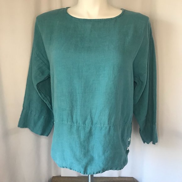 bryn Walker Tops - Bryn Walker Boxy 100% Linen Artist Button Turquoise Top